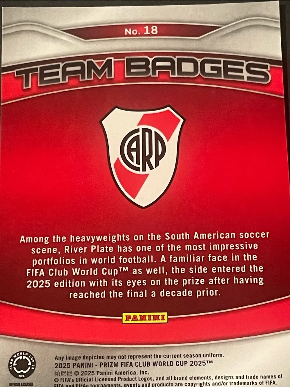2025 Panini Prizm FIFA Club World Cup #18 River Plate Team Badge Card